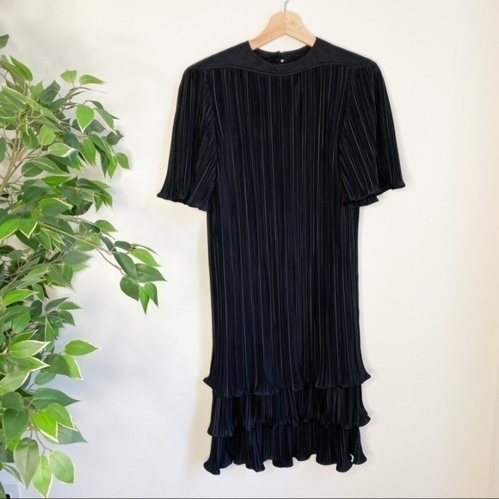 Vintage pleated padded shoulder black midi dress